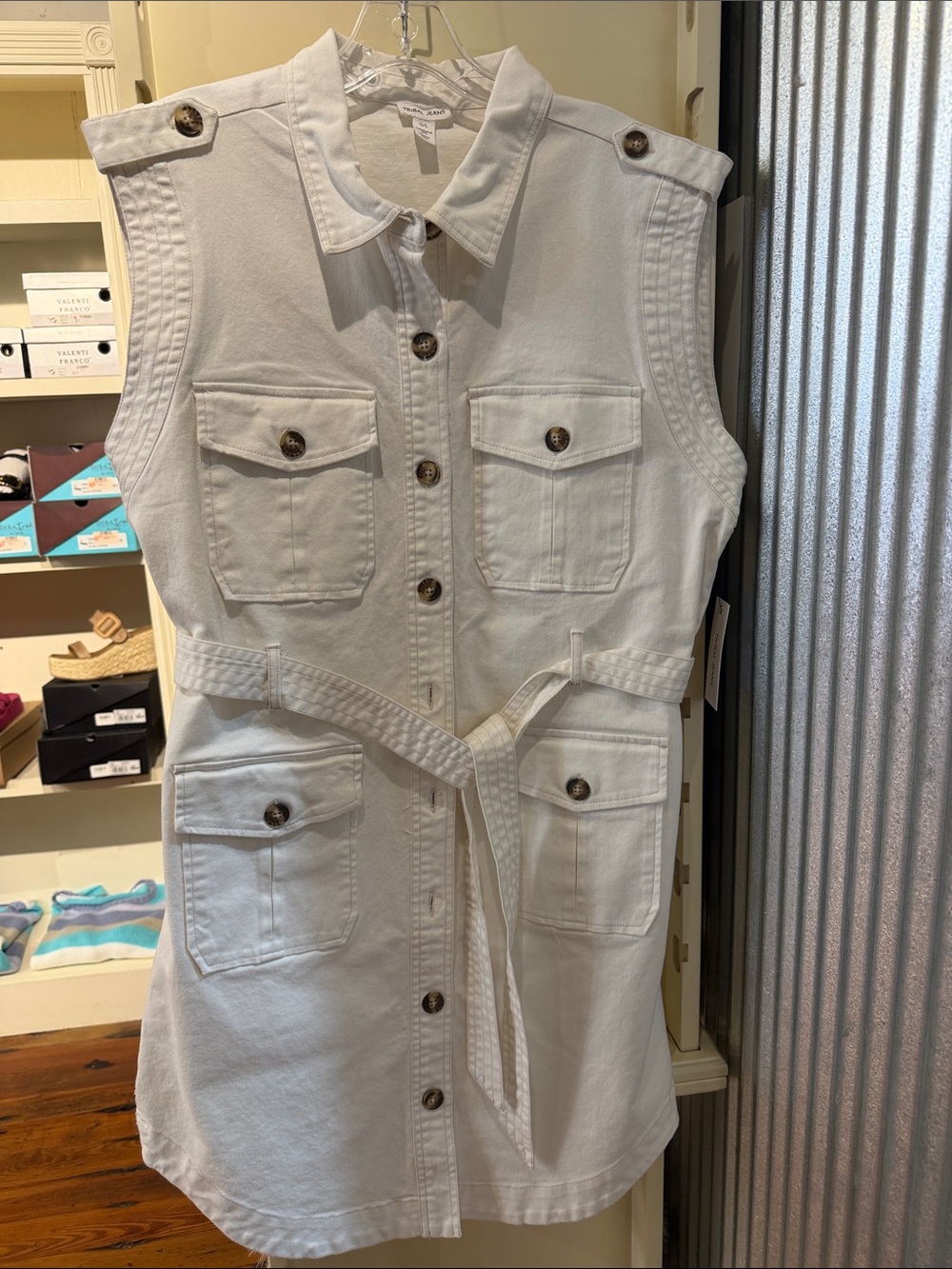 Tribal White Sleeveless Button-Front Utility Dress with Belt